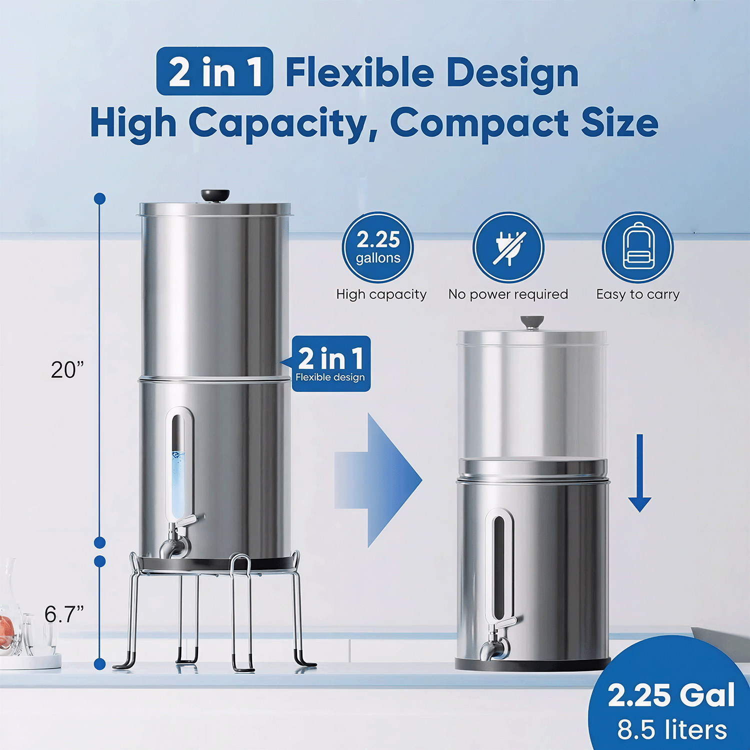 Big Flow 1 Gravity Water Filter Stainless Steel Countertop 3.8L img2