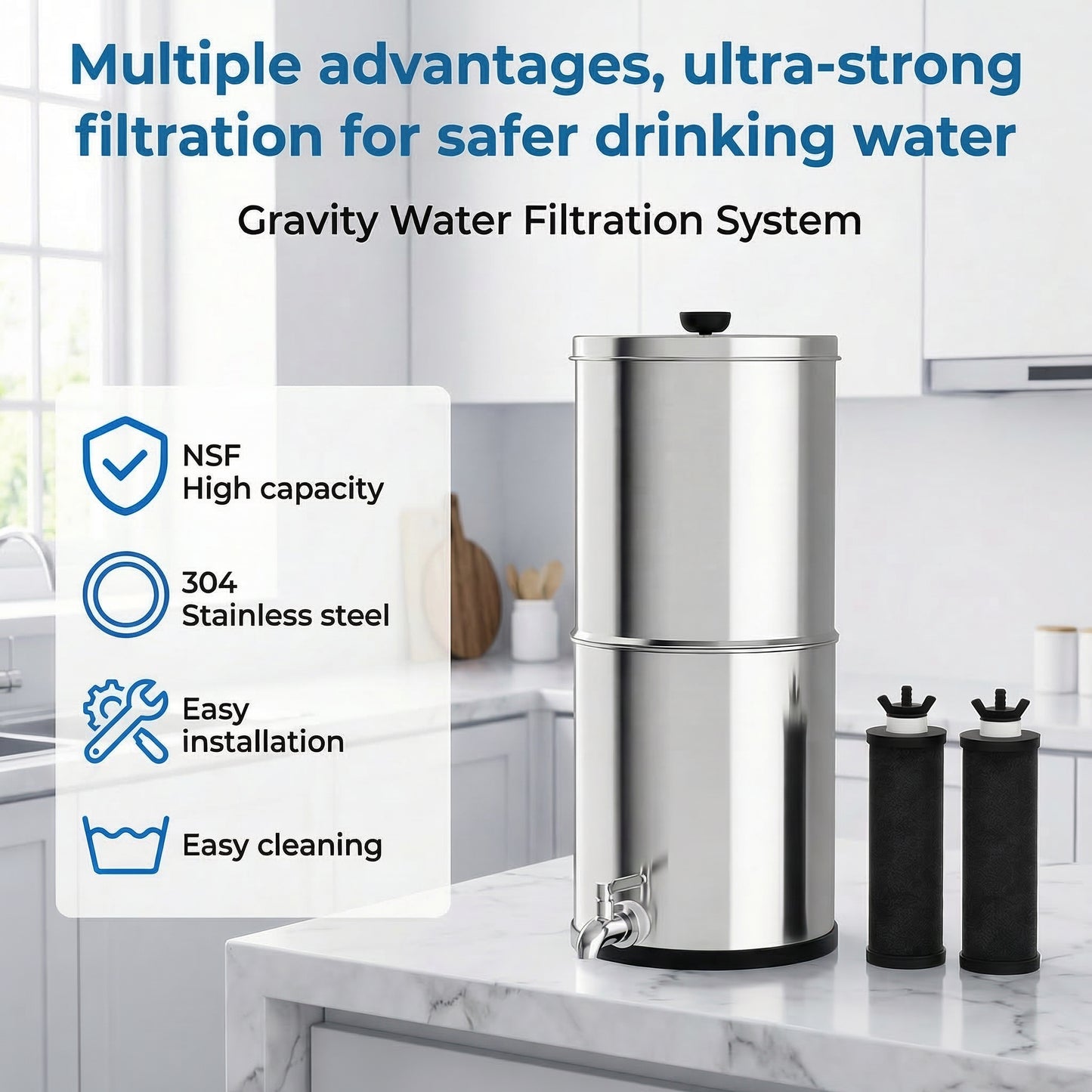 Big Flow2 Gravity Water Filter System Stainless Steel Countertop 8.5L